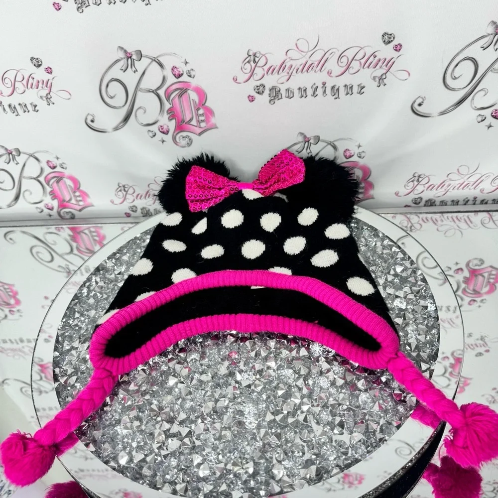 Disney hat touque bow ribbon 🎀 ears Minnie Mouse Polka Dot Hat Pink Accents